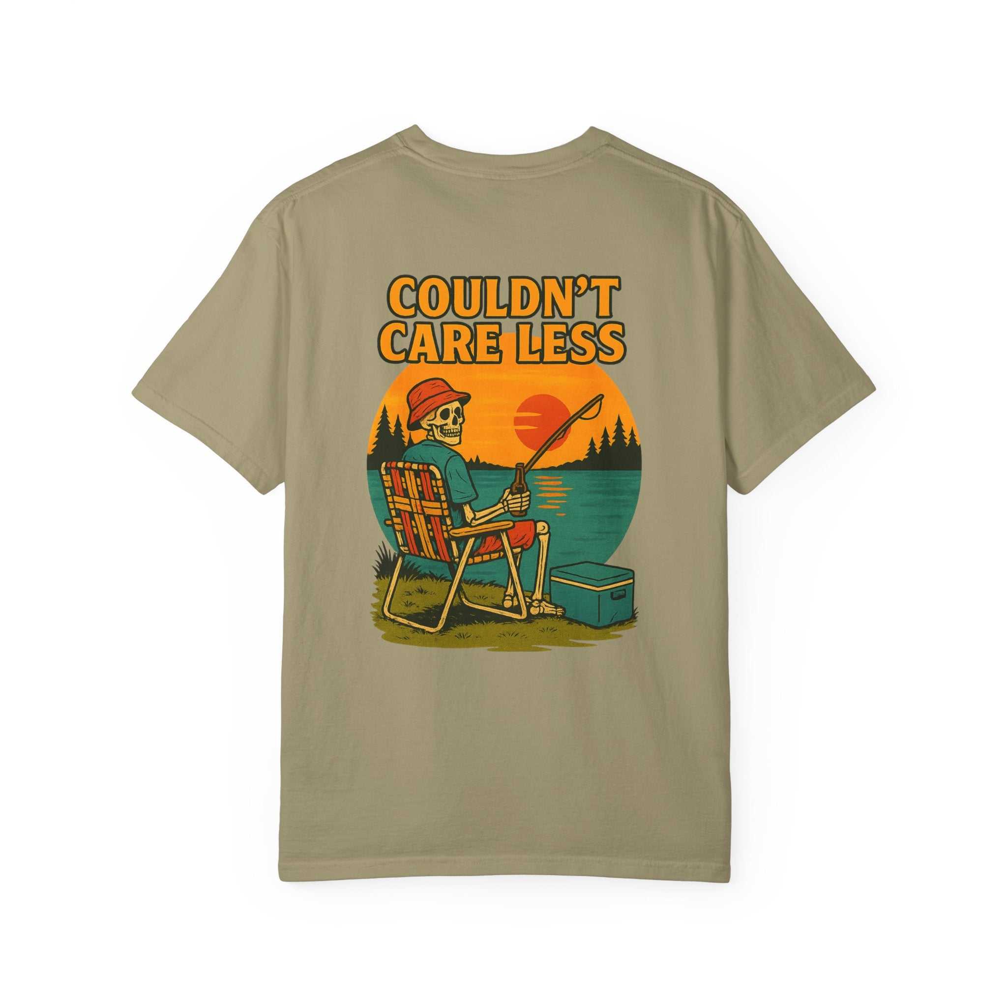 Couldn't Care Less T-Shirt — Retro Skeleton Fishing Graphic Tee