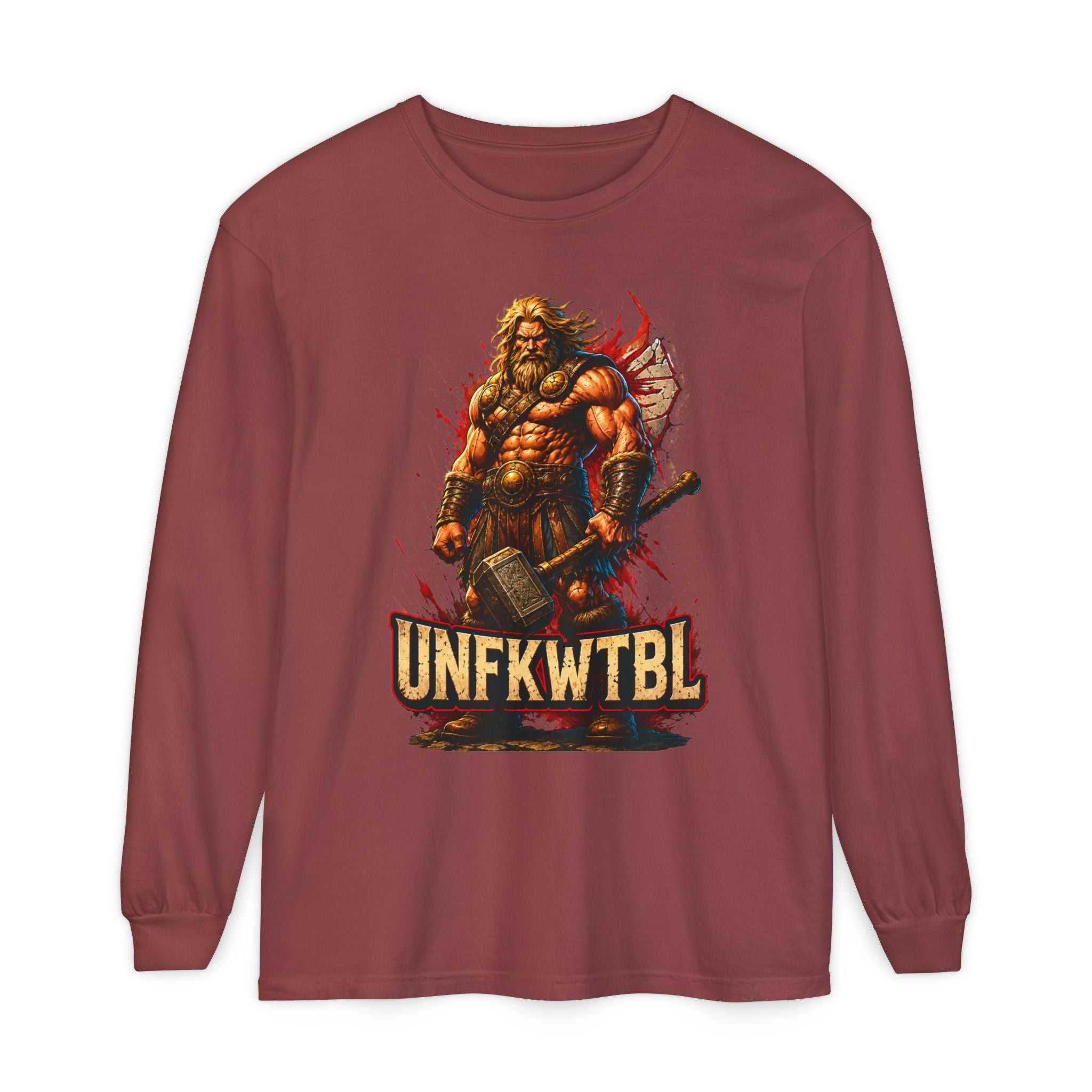 Viking Warrior Long Sleeve tee with rugged warrior graphic on vintage garment-dyed fabric