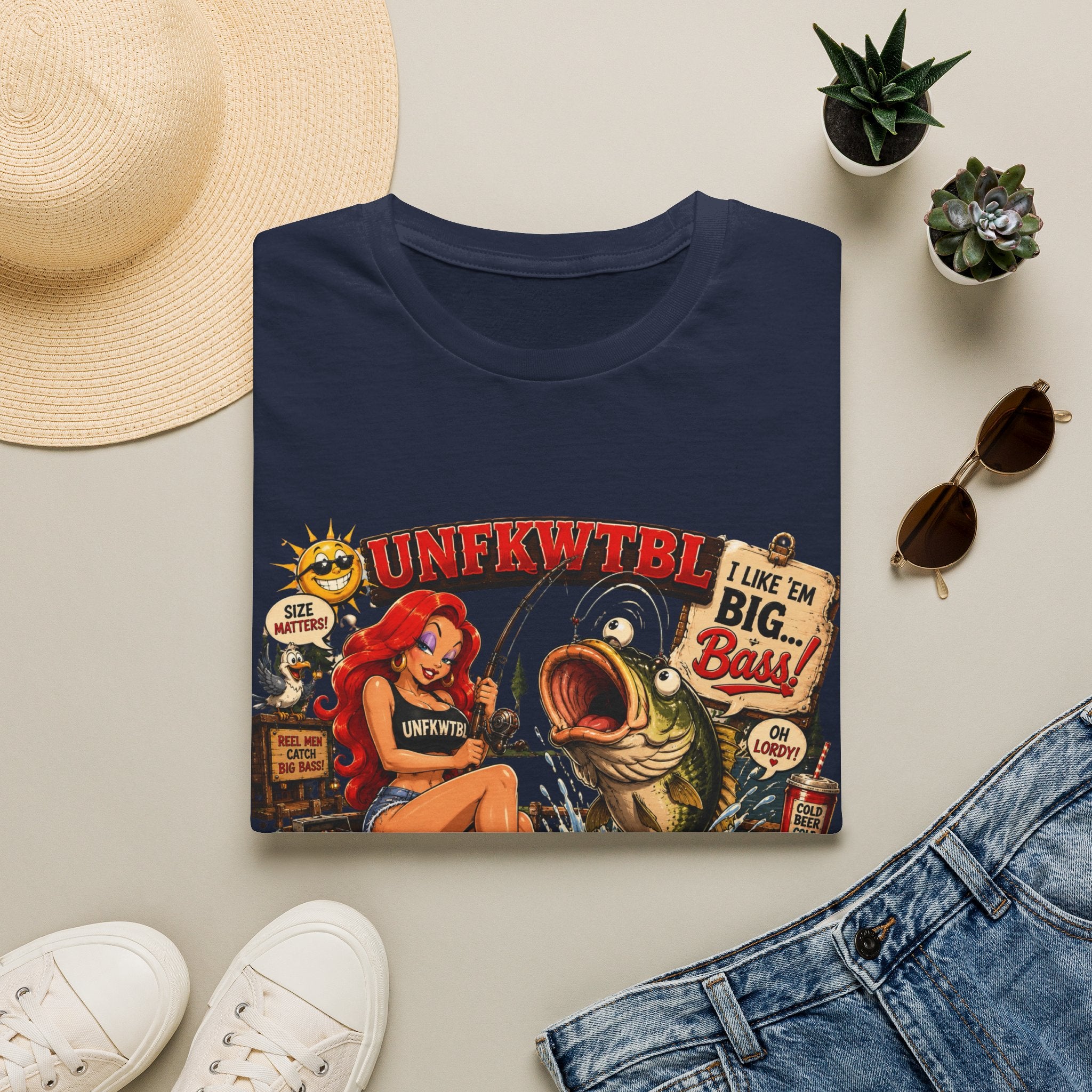 Fishing Pin-Up T-Shirt — "I Like 'Em Big, Baby" Retro Bass Graphic