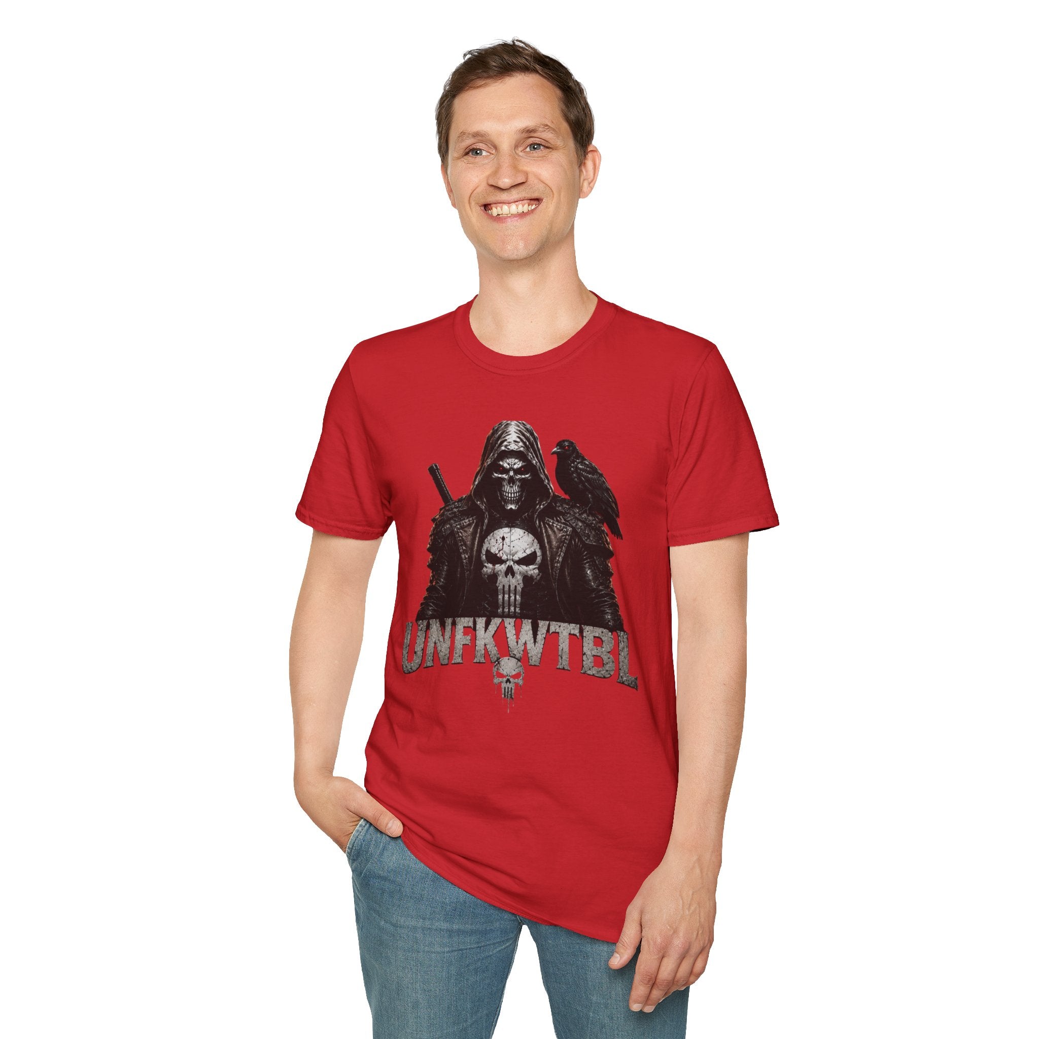 Grim Reaper Skull Tee — Dark Raven Gothic Graphic T-Shirt (UNFKWTBL Text)