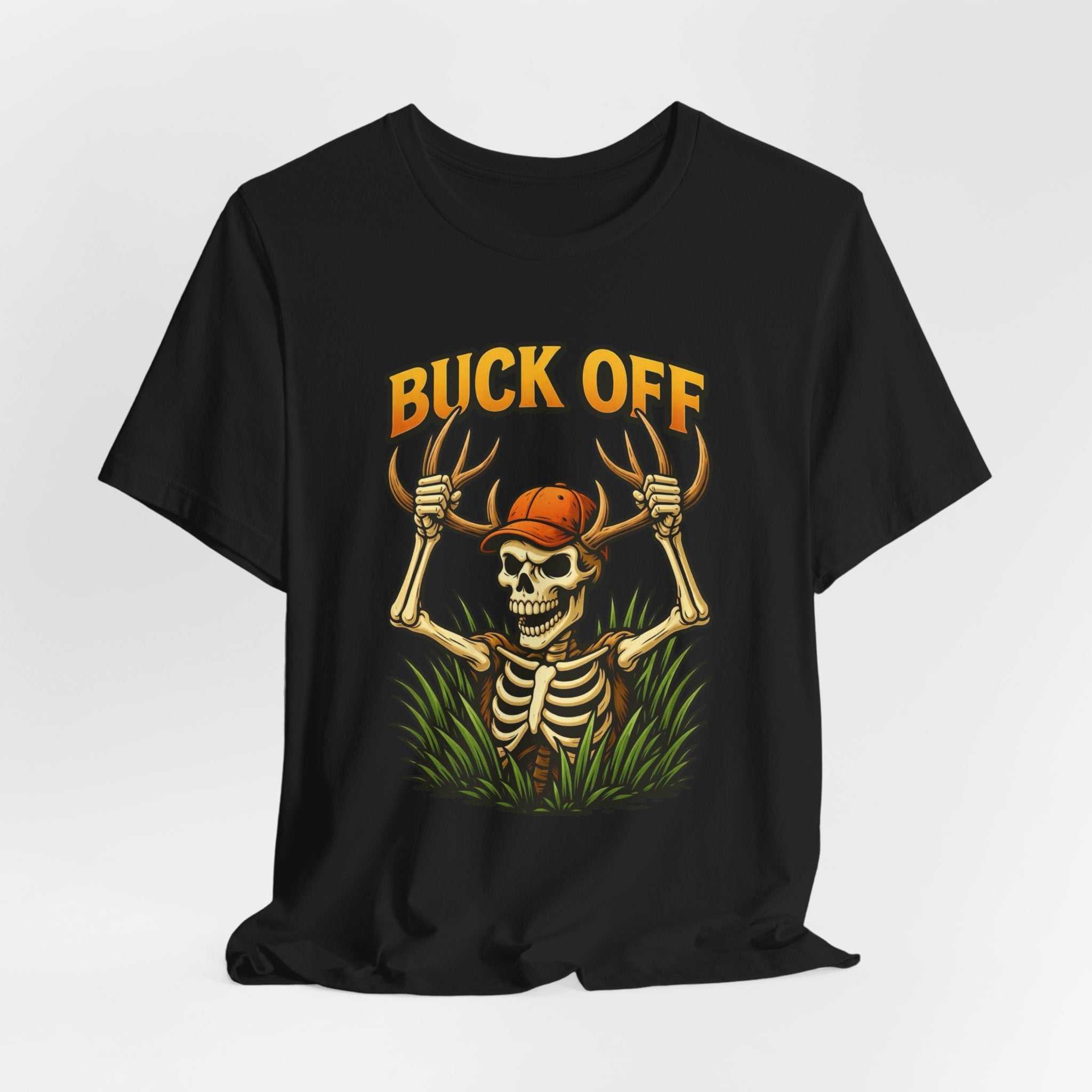 Buck Off Skeleton hunting t-shirt with grinning skeleton in cap and camo design for outdoor enthusiasts