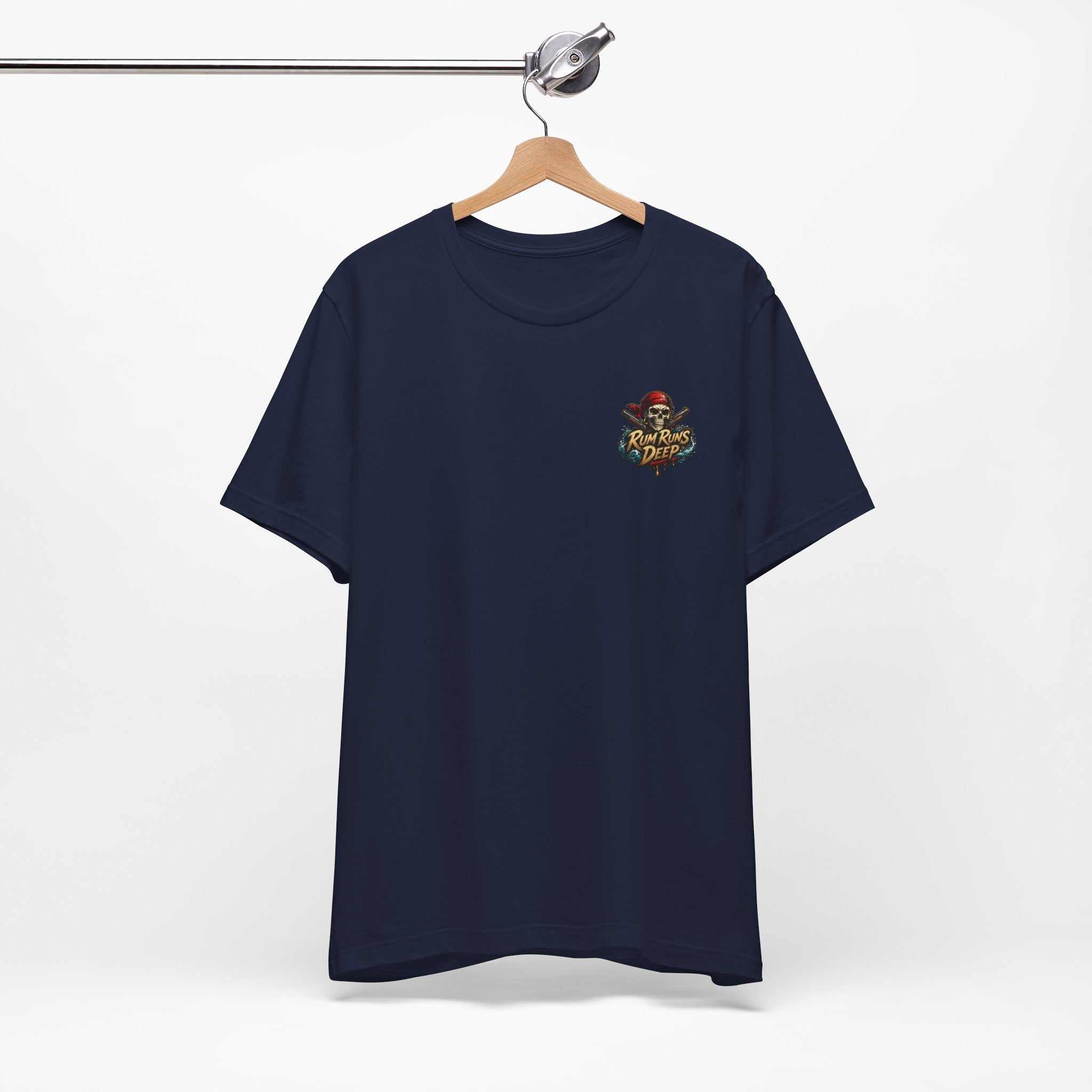 Rum Runs Deep Pirate tee with nautical graphic and bold lettering on lightweight cotton for ocean lovers
