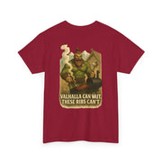 Thorgar Bbq Valhalla unisex heavy cotton tee with funny Viking BBQ ribs design on red shirt