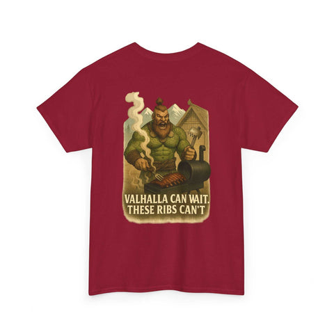 Thorgar Bbq Valhalla unisex heavy cotton tee with funny Viking BBQ ribs design on red shirt