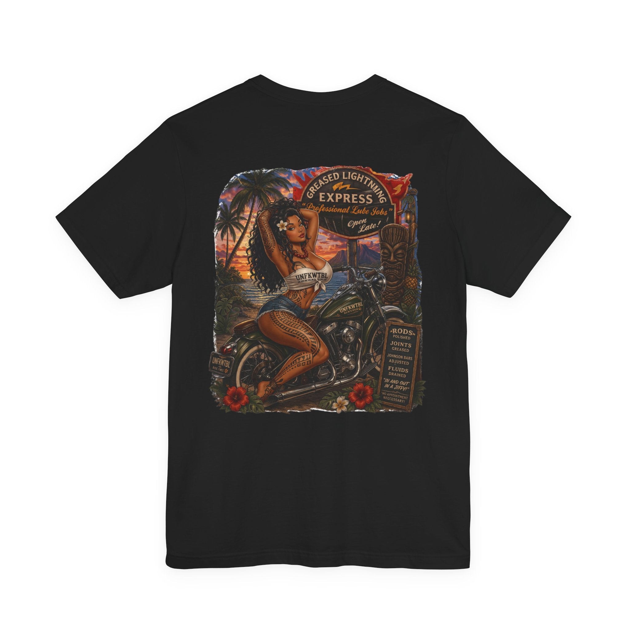 Motorcycle Pin-Up Tee — Sunset Riders Graphic T-Shirt