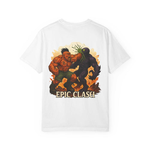 Fantasy Battle Unisex Garment-Dyed T-shirt featuring epic Clash Cindermaw vs Xarvok design