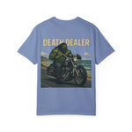 Unisex garment-dyed blue t-shirt with Death Dealer Design graphic of green muscular biker riding motorcycle along coast