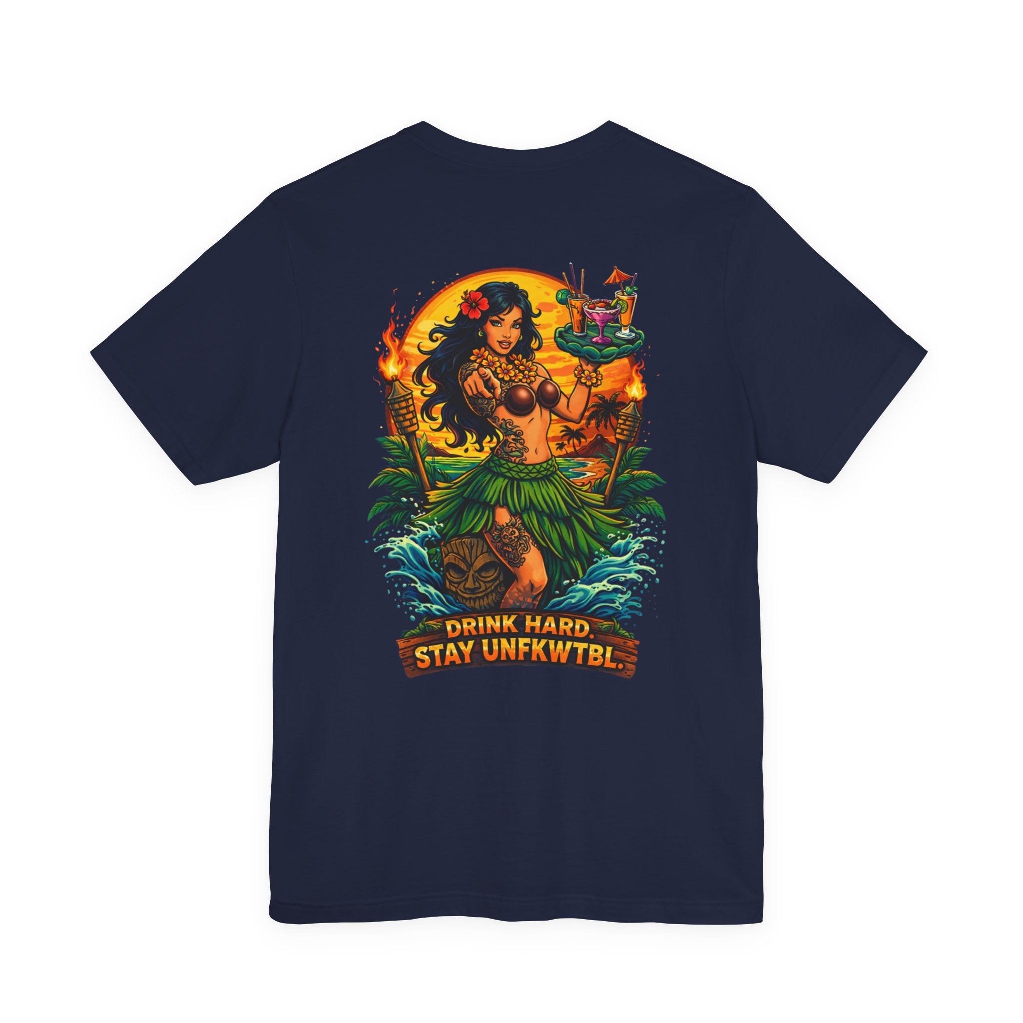 Hawaiian Hula Mermaid T‑Shirt — "Drink Hard Stay Unfwktbl" Tropical Bar Tee