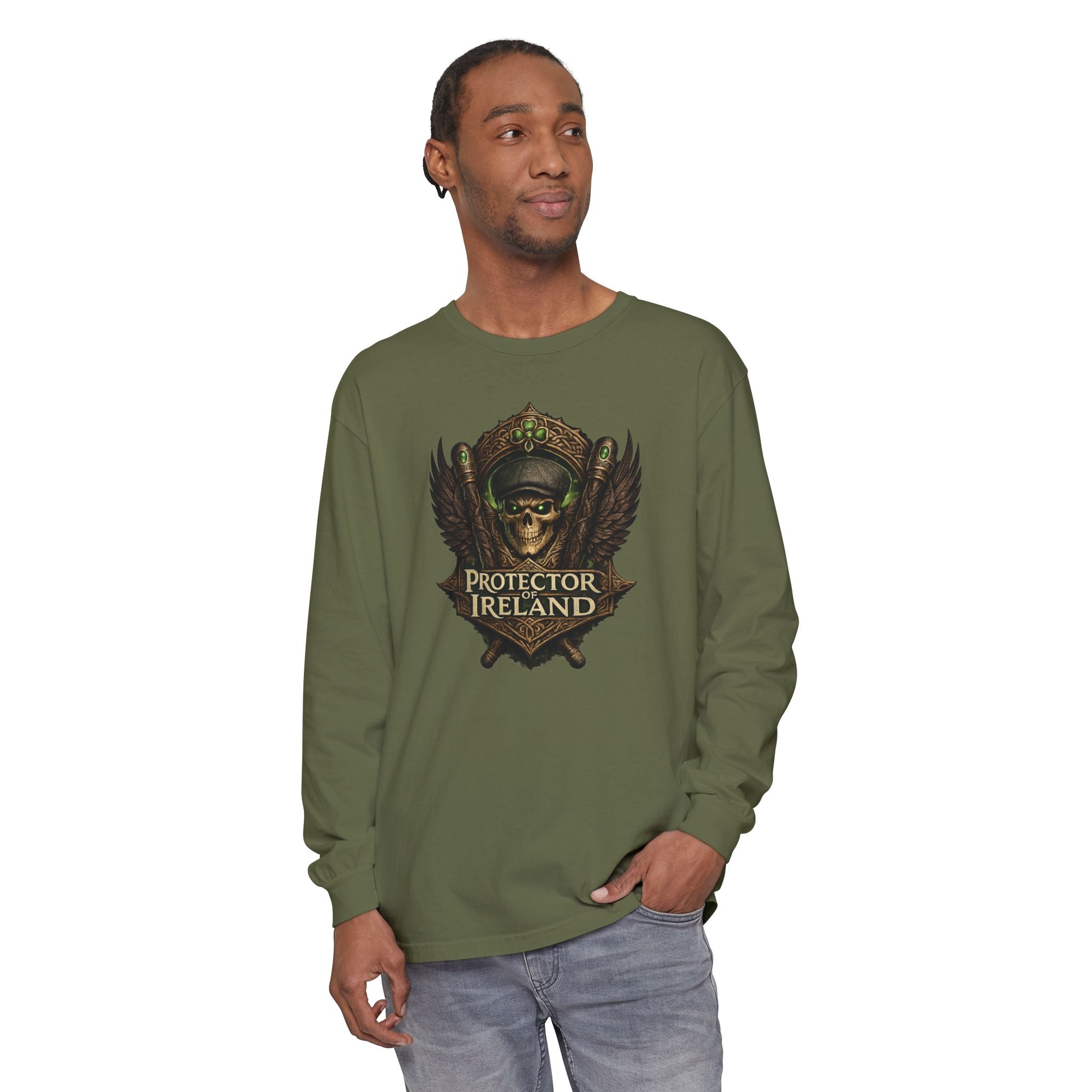 Protector Ireland Long Sleeve Tee — Celtic Helmet Shield Design