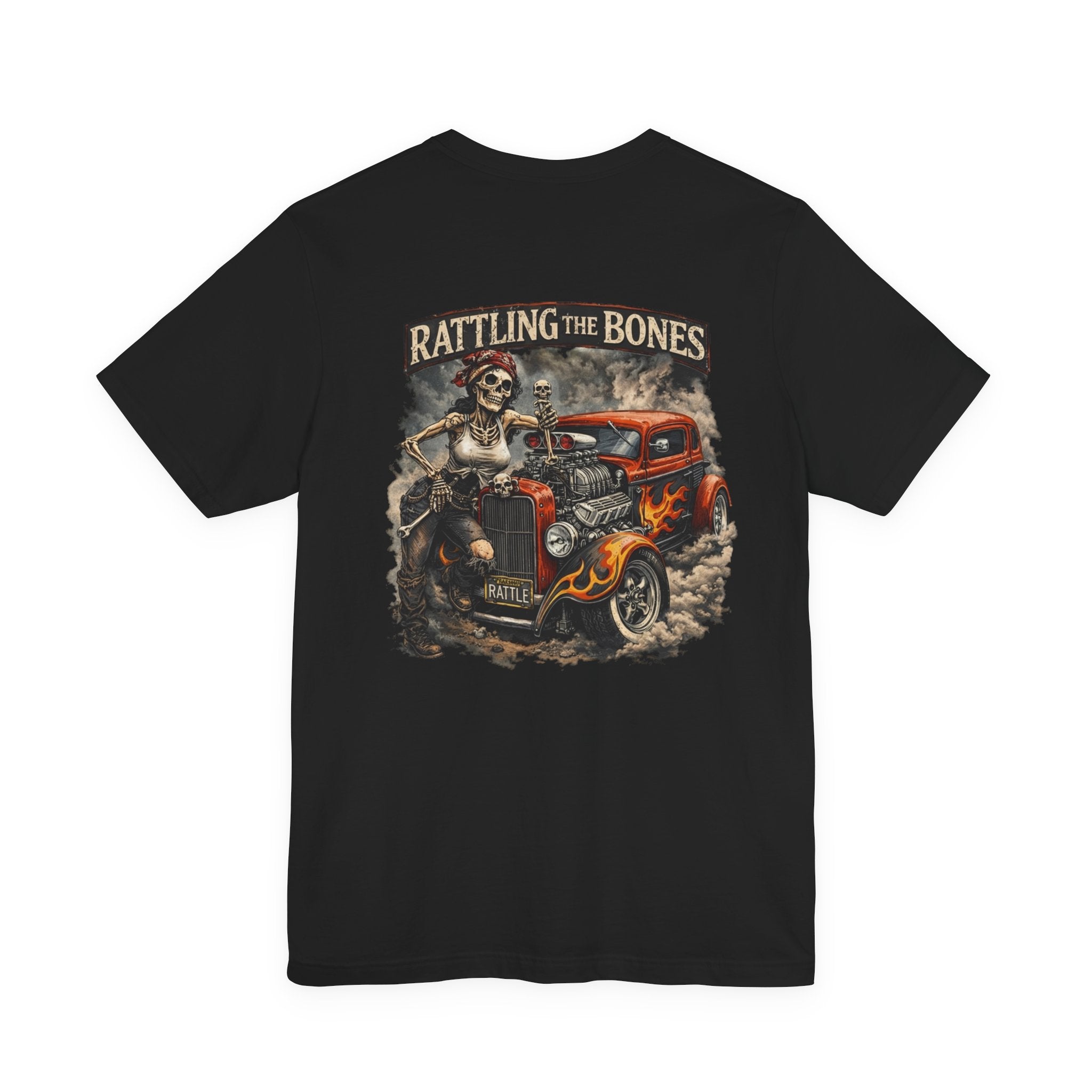 Rat Rod Skull Tee — "Rattling the Bones" Retro Hot Rod Graphic T-Shirt