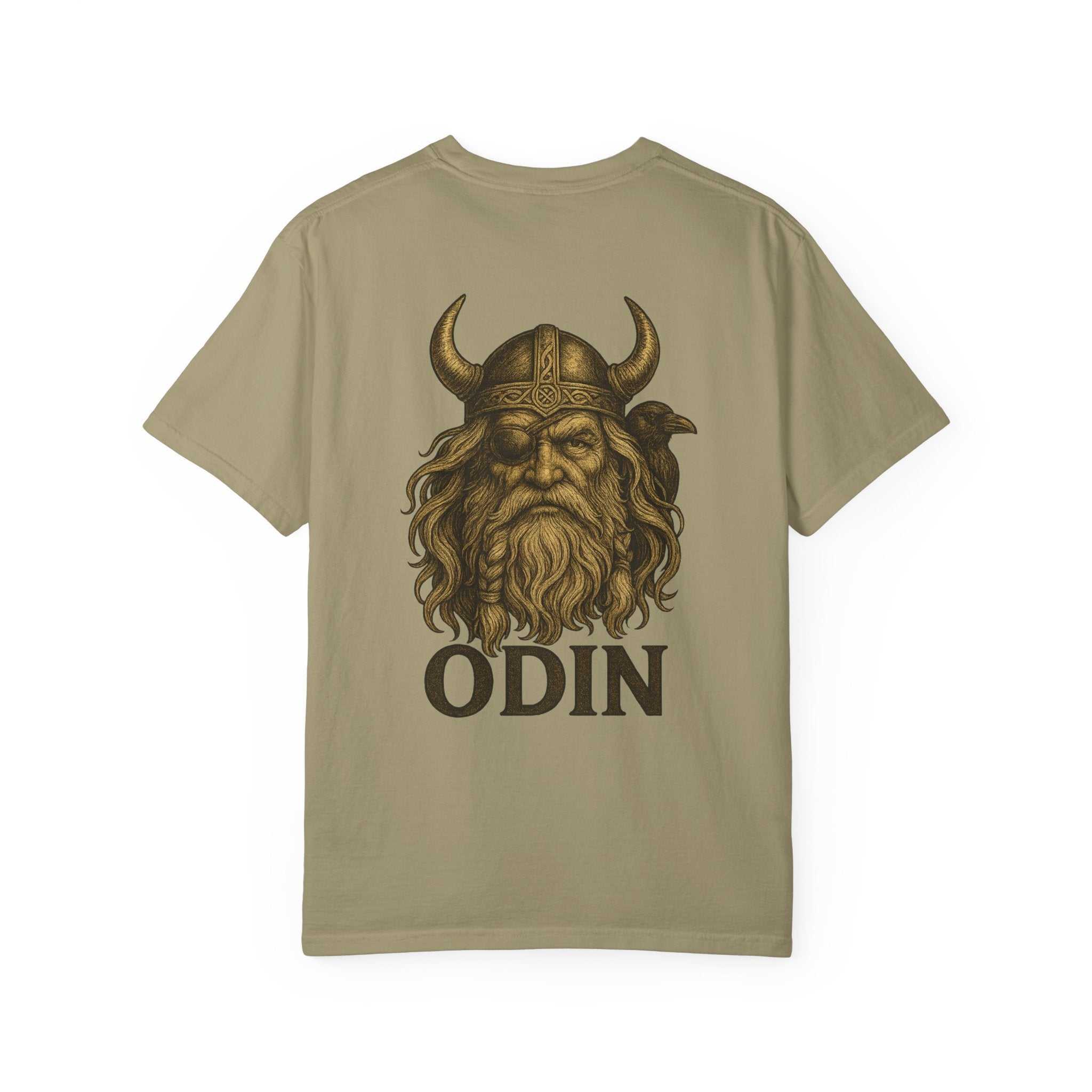 Odin All Father unisex t-shirt with Norse mythology graphic and vintage design on beige fabric