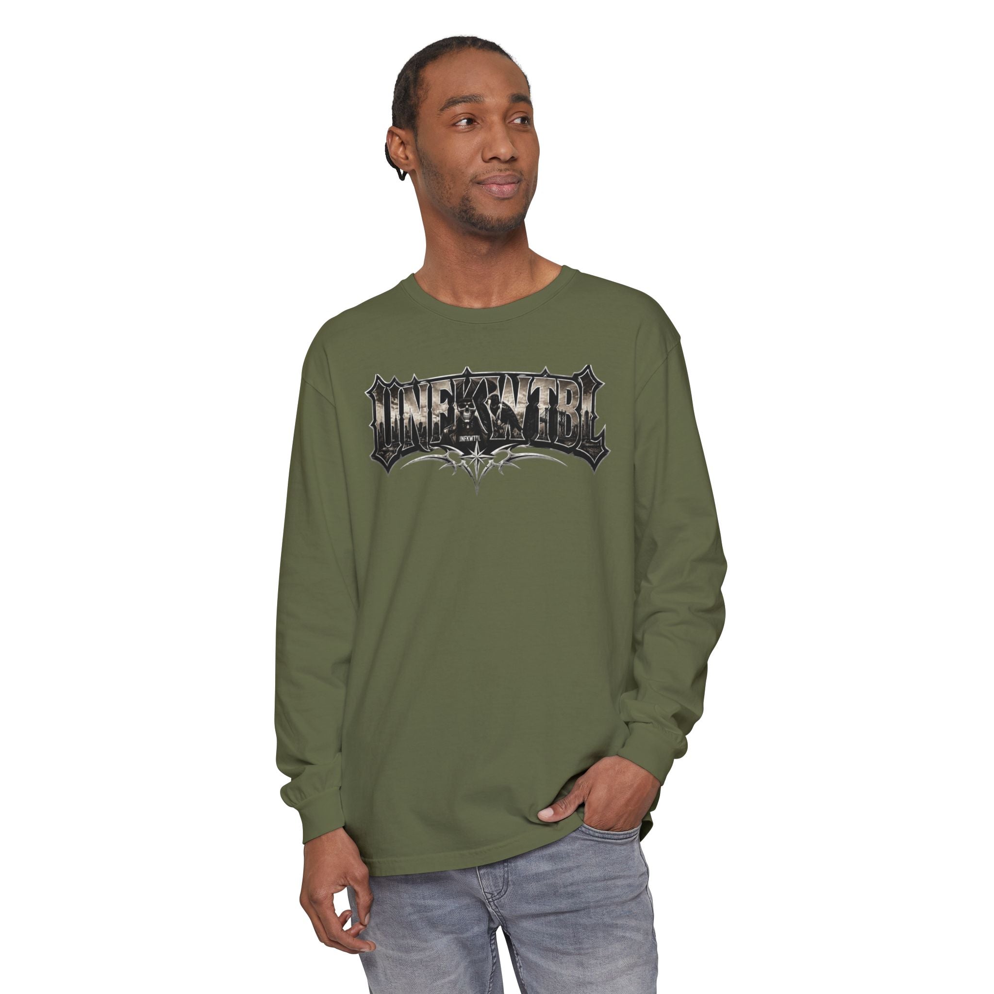 Metal Logo Long Sleeve T‑Shirt — 'UNDEFEATED' Gothic Graphic