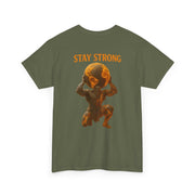 Olive green Atlas Strong Unisex Tee with orange "Stay Strong" text and graphic of Atlas holding the Earth on his shoulders