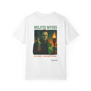 White unisex tee with killer cocktails design featuring Michael Myers with mojito and torch illustration