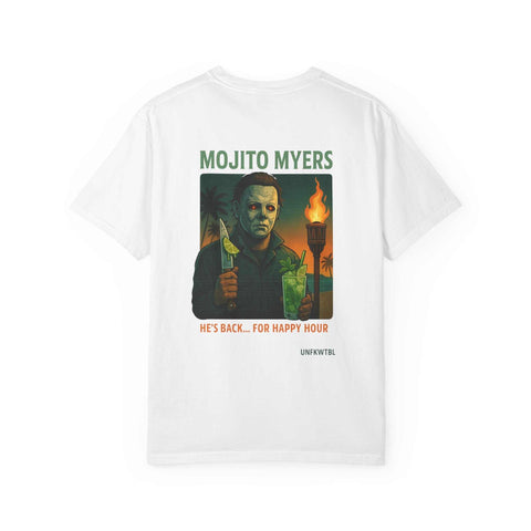 White unisex tee with killer cocktails design featuring Michael Myers with mojito and torch illustration