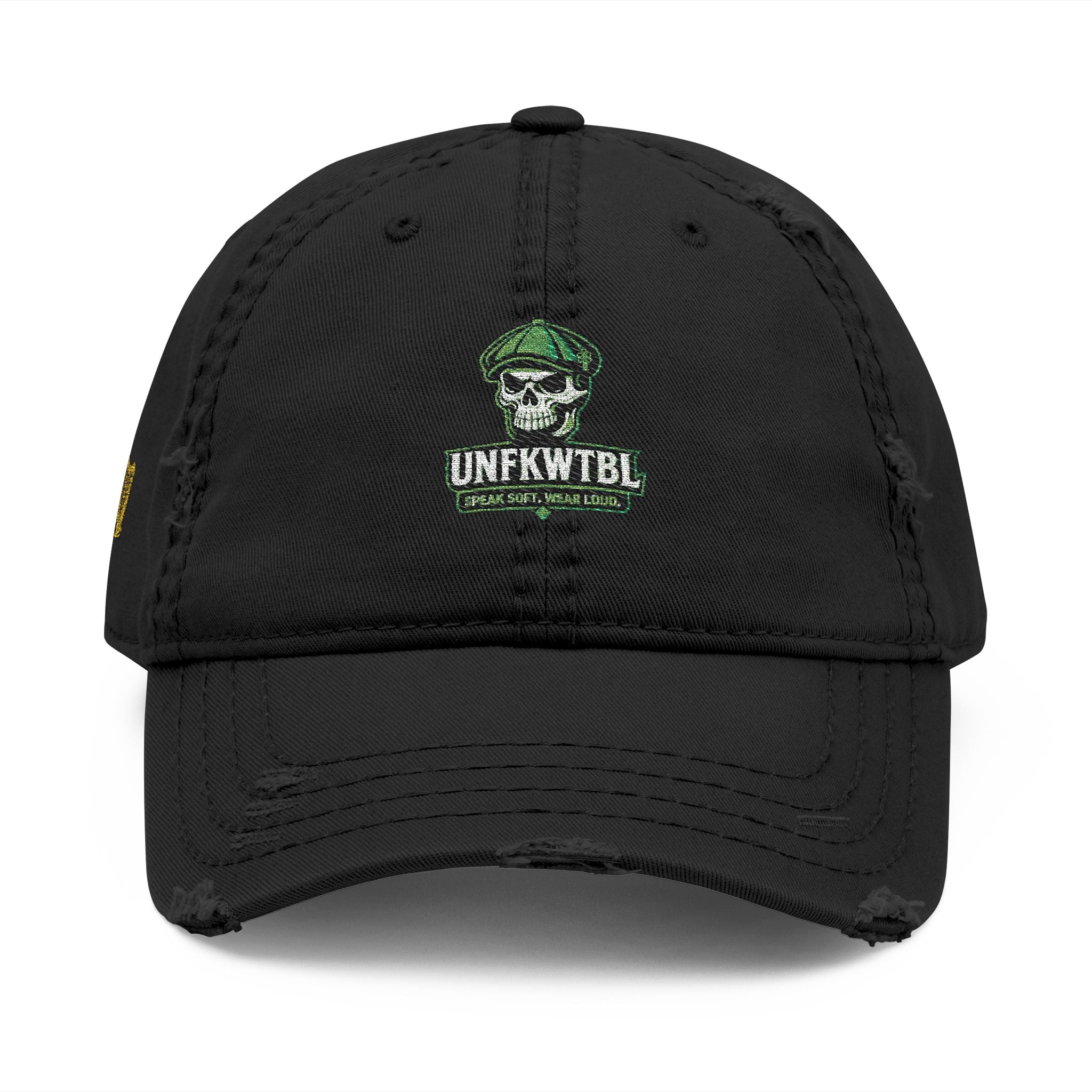 Distressed Embroidered Dad Hat — Green Skull & Shamrock "UNFRWTBL"
