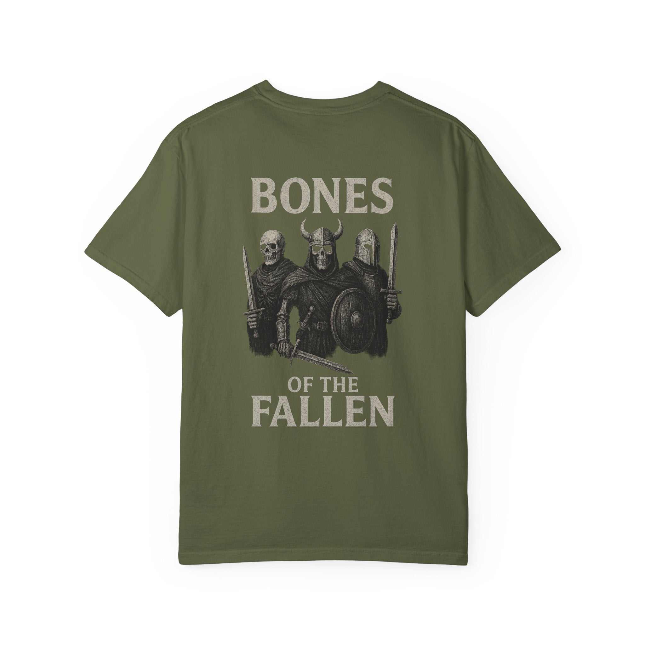 Olive green Viking Warrior Unisex Tee with "Bones of the Fallen" graphic and warrior illustration on back
