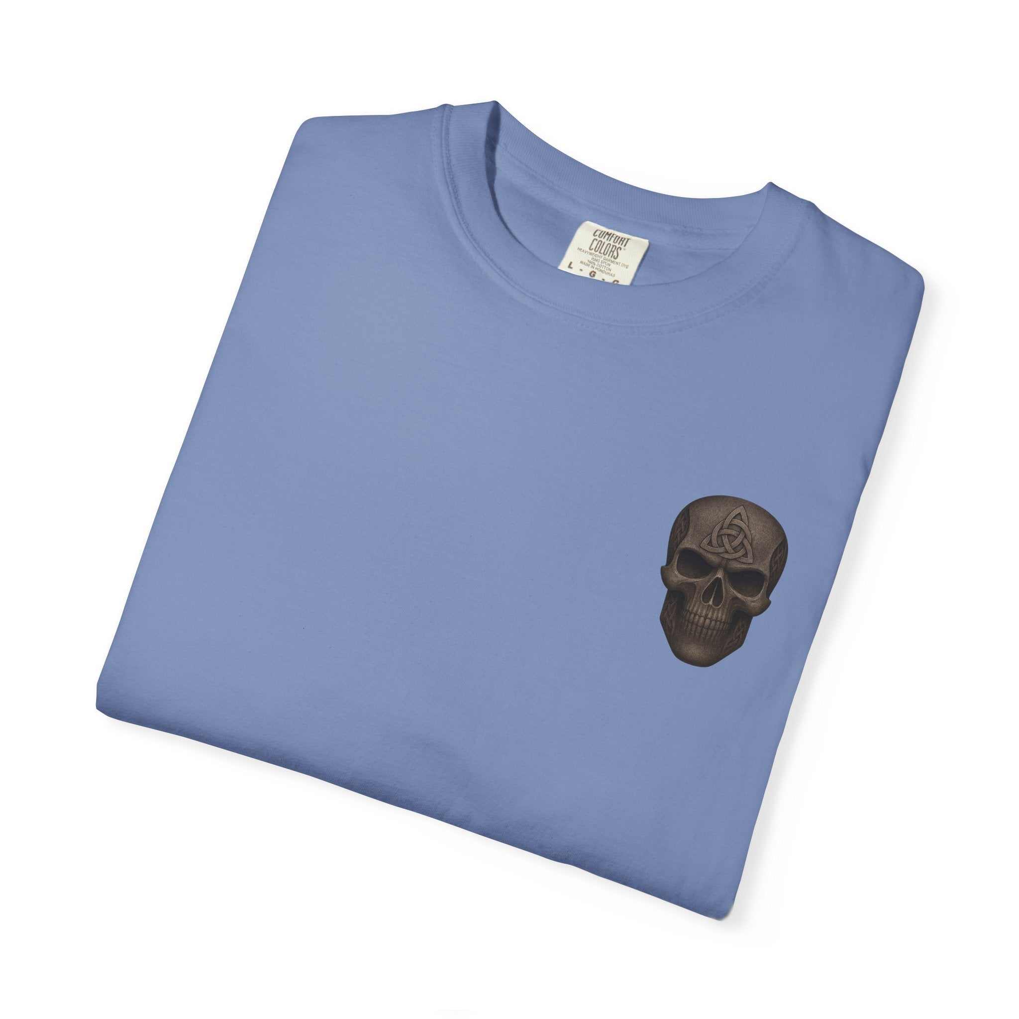 Unisex garment-dyed blue t-shirt with black skull and gladiator design on front, made of 100% ring-spun cotton.