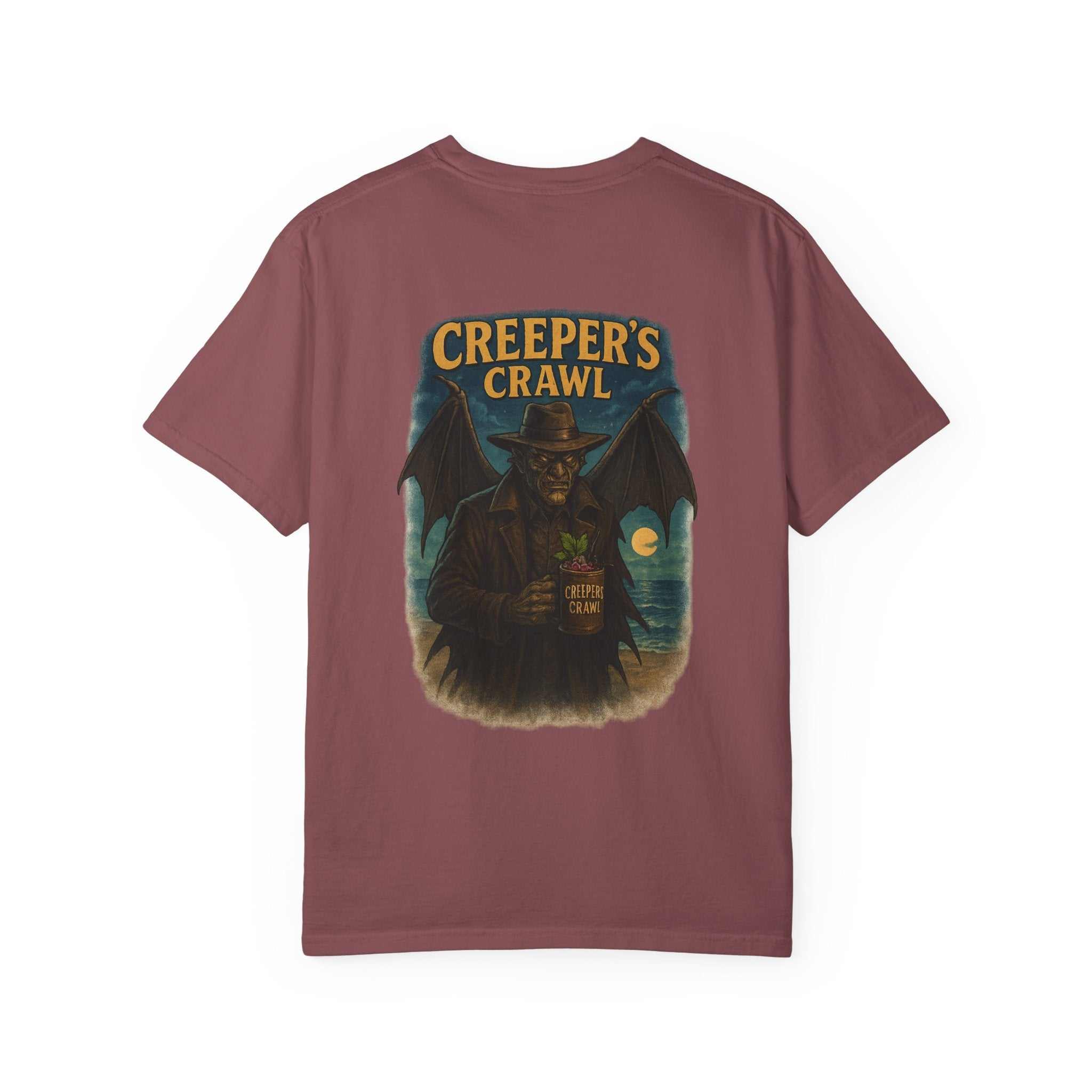 Unisex Creeper's Crawl T-shirt with vintage graphic and garment-dyed comfort in muted maroon