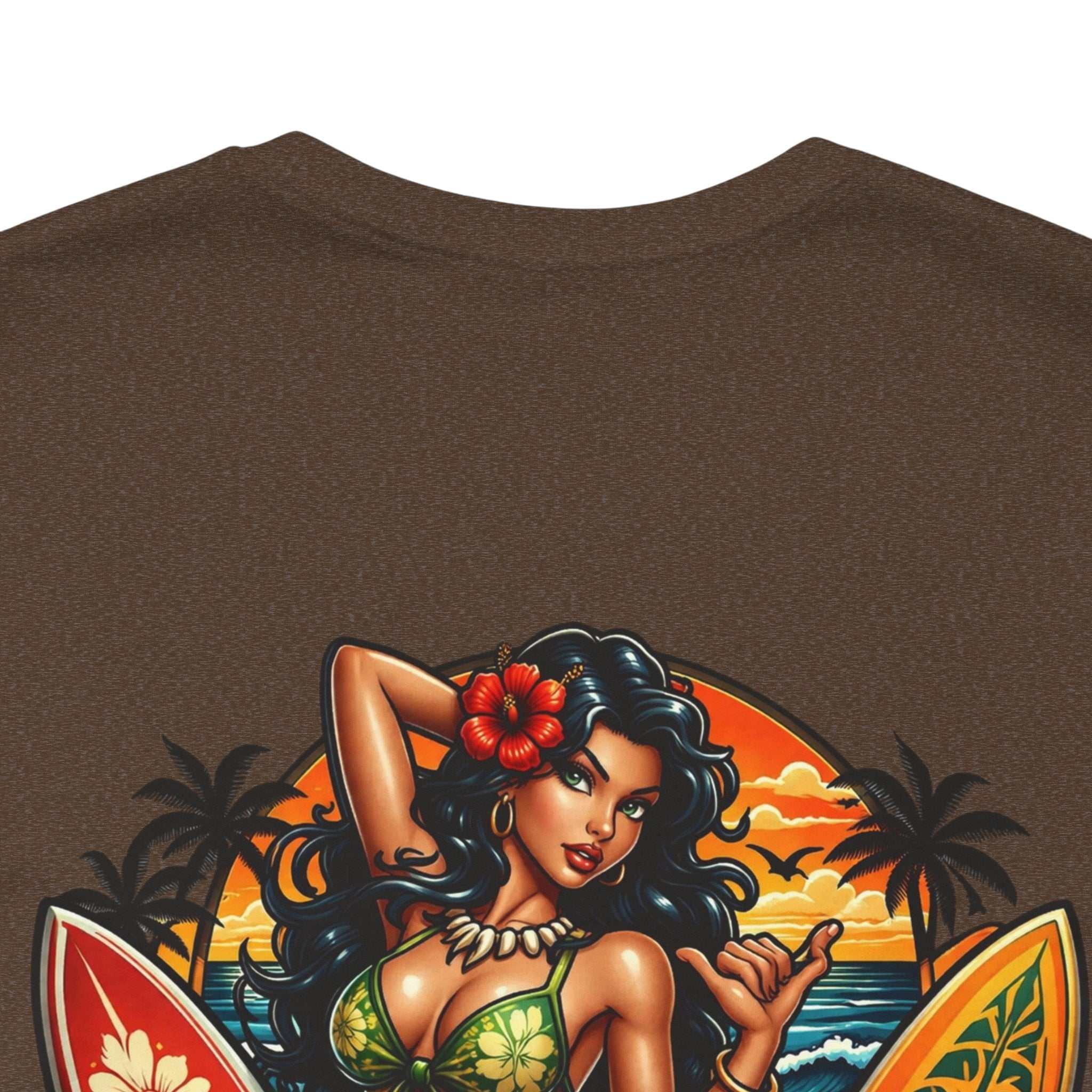 Hawaiian Surfboard T‑Shirt with vibrant surfboard graphic and tropical hula girl design on breathable cotton tee