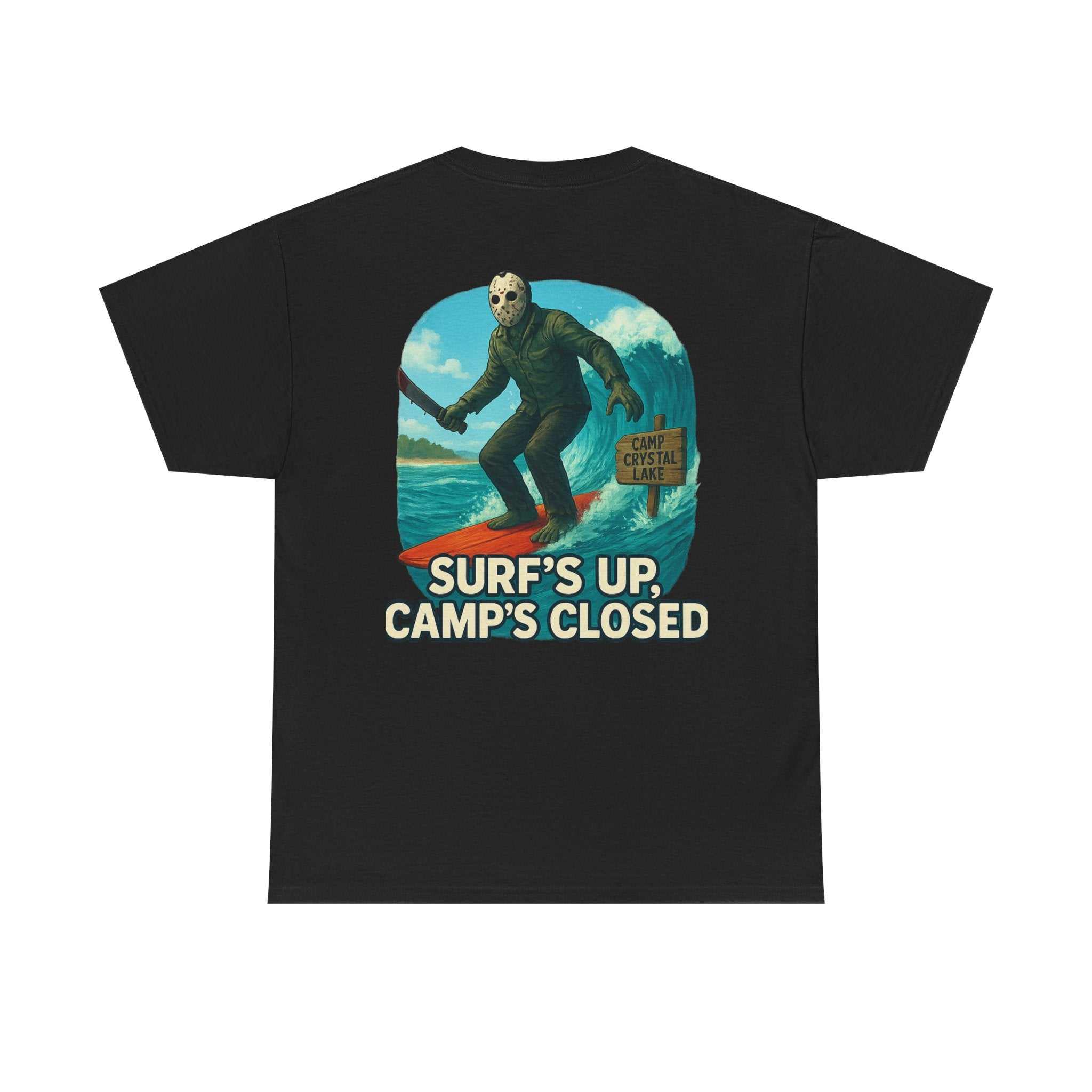 Surfing Jason Unisex Tee with Jason Voorhees surfing design on a classic fit cotton shirt