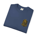 Folded navy blue Eternal Stormbearer T-Shirt with gold graphic and logo on chest, unisex casual geek chic apparel