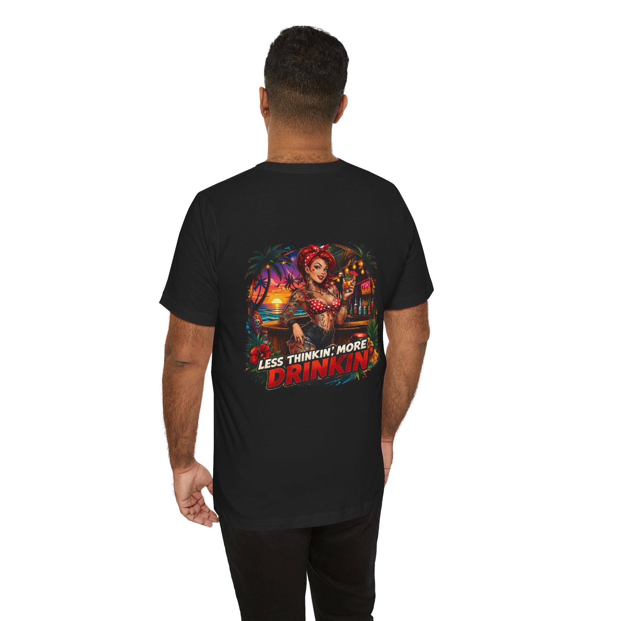 Beach Pinup T‑Shirt — "Less Thinkin', More Drinkin'" Retro Tropical Tee