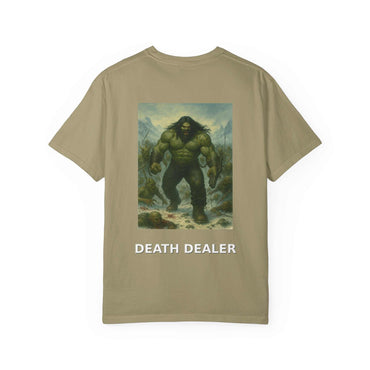 Death Dealer Graphic Tee with warrior fighting horde design on soft garment-dyed cotton shirt