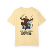 Unisex Revenge T-shirt featuring Jason Voorhees Spider-Man graphic with "With Great Power Comes Brutal Revenge" text on beige cotton tee