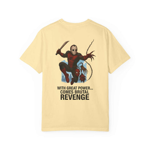 Unisex Revenge T-shirt featuring Jason Voorhees Spider-Man graphic with "With Great Power Comes Brutal Revenge" text on beige cotton tee