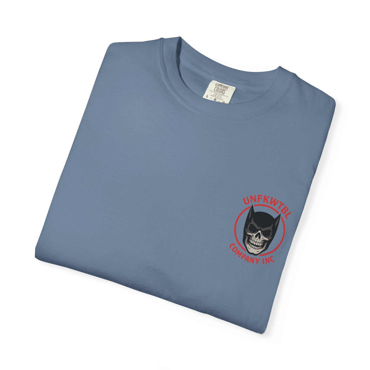 Batman Holographic Ghostface unisex T-shirt with unique Ghostface as Batman design on blue garment-dyed fabric.