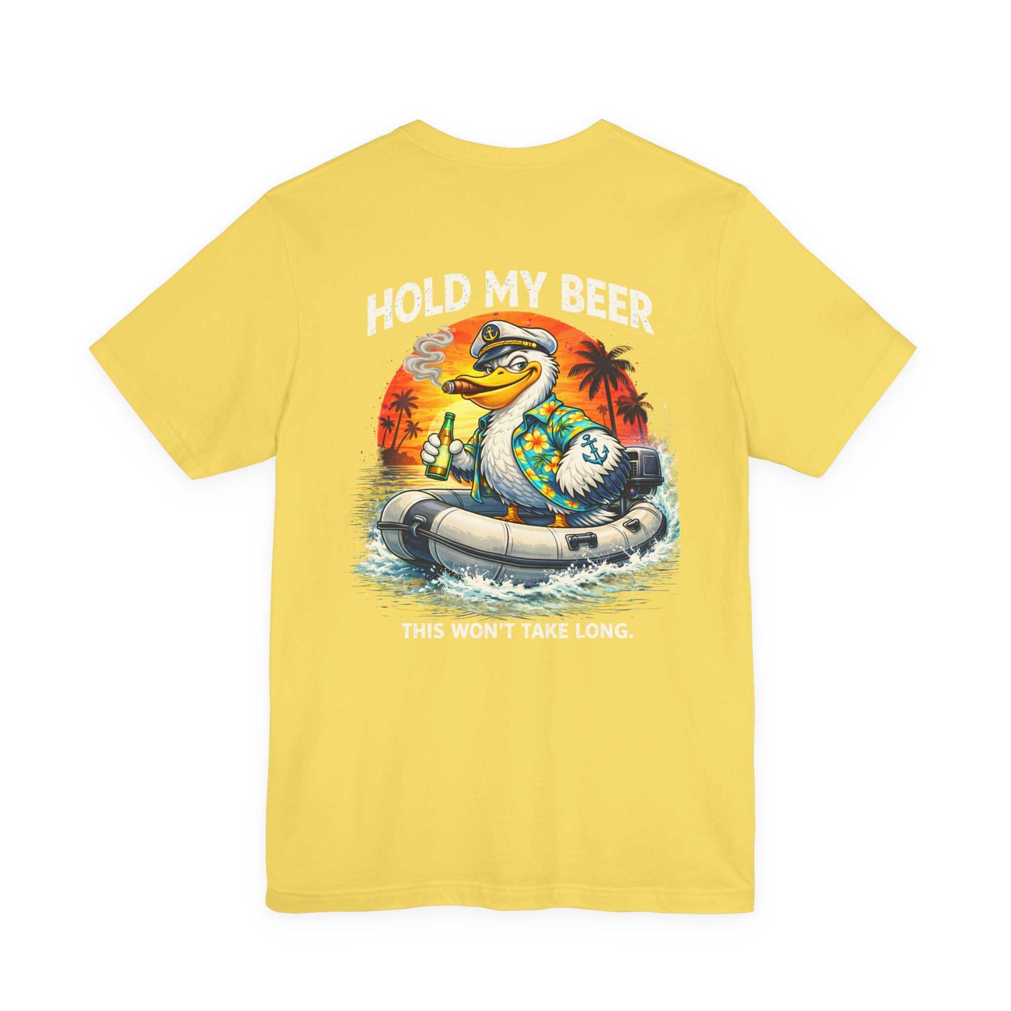 T-Shirt — Retro Pelican on Inflatable Tube Graphic Tee (Beach Vacation, Tropical Sunset)