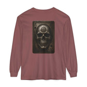 Unisex long sleeve t-shirt with Celtic skull logo on back in vintage garment-dyed soft cotton fabric