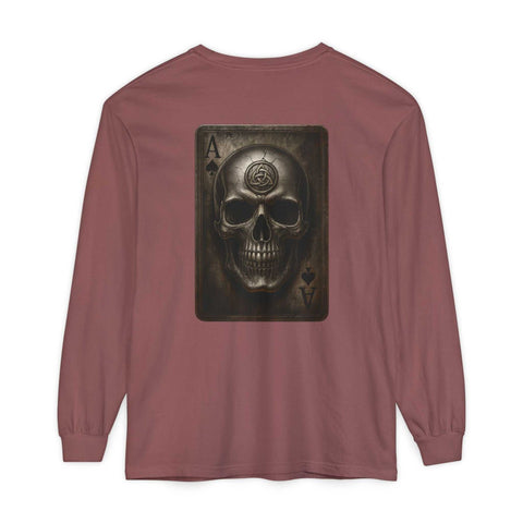 Unisex long sleeve t-shirt with Celtic skull logo on back in vintage garment-dyed soft cotton fabric