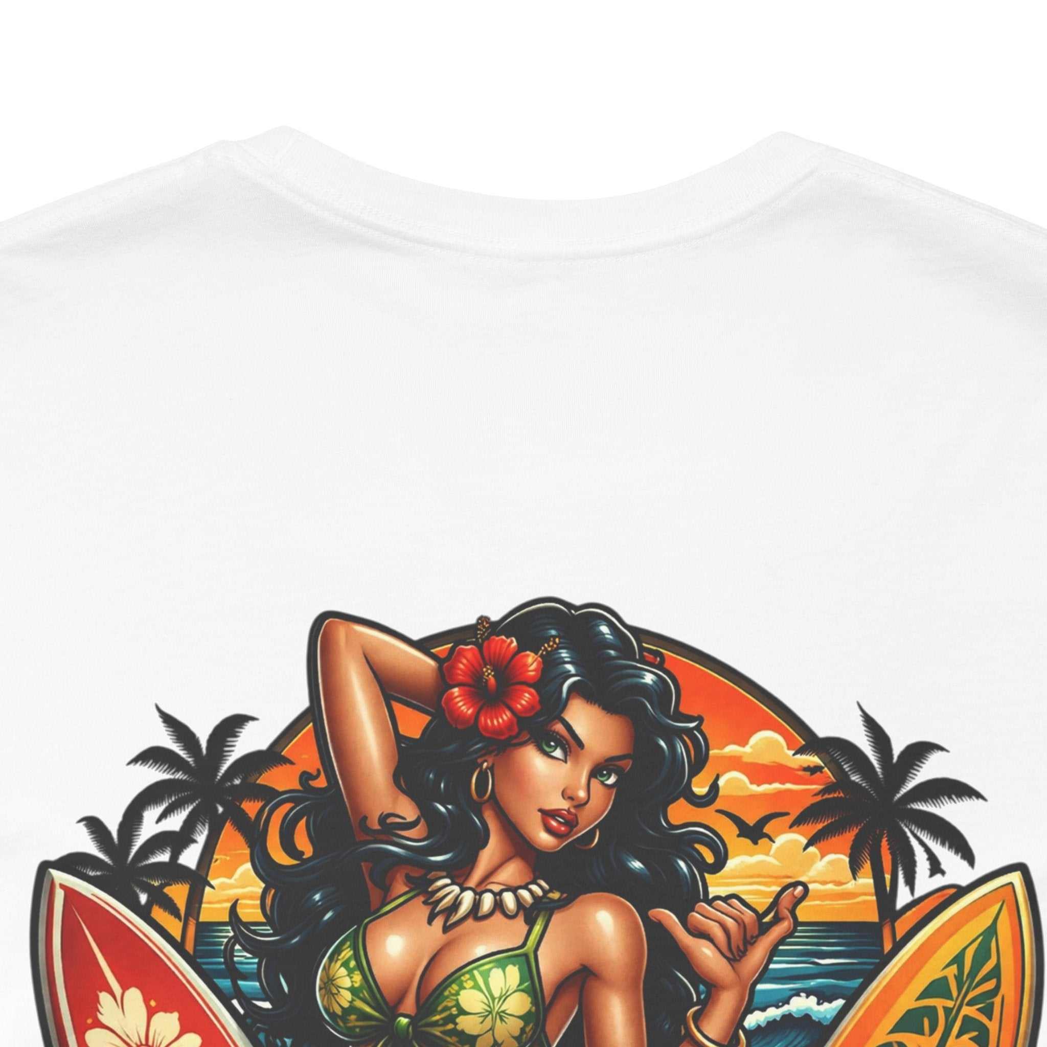 Hawaiian Surfboard T-Shirt with vibrant surfboard and hula girl graphic, breathable cotton beachwear