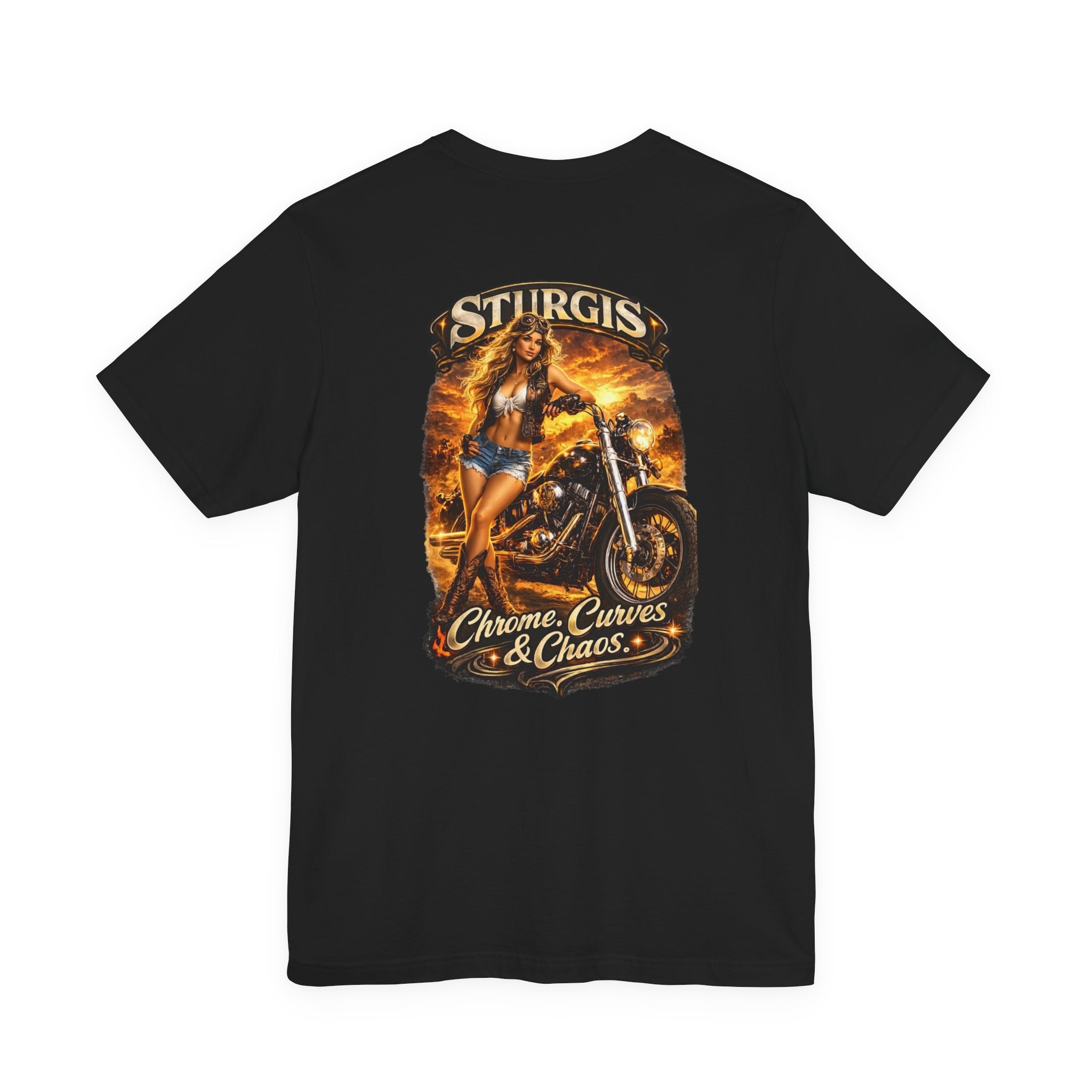 Sturgis Motorcycle Tee — "Chrome, Curves & Chaos" Biker Graphic Shirt