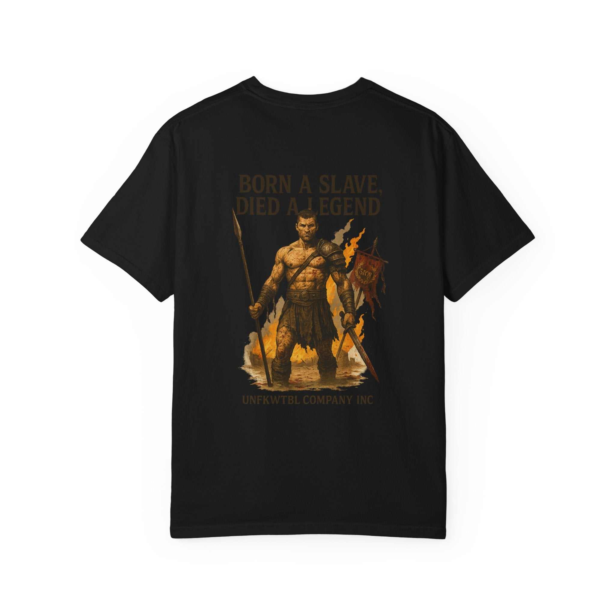 Black unisex garment-dyed t-shirt with gladiator graphic and "Born a Slave, Died a Legend" text on back