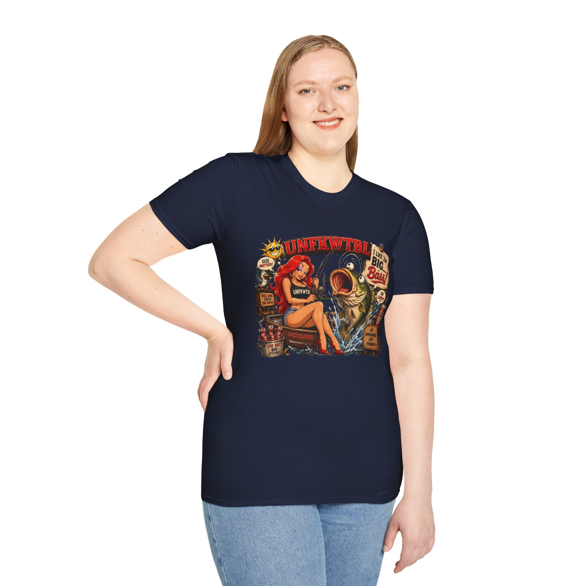 Fishing Pin-Up T-Shirt — "I Like 'Em Big, Baby" Retro Bass Graphic