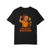 Black unisex T-shirt featuring a graphic of Chucky holding a knife and a flaming cocktail with text "The Little Bastard" on the back.
