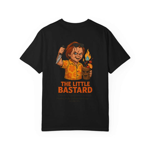 Black unisex T-shirt featuring a graphic of Chucky holding a knife and a flaming cocktail with text "The Little Bastard" on the back.
