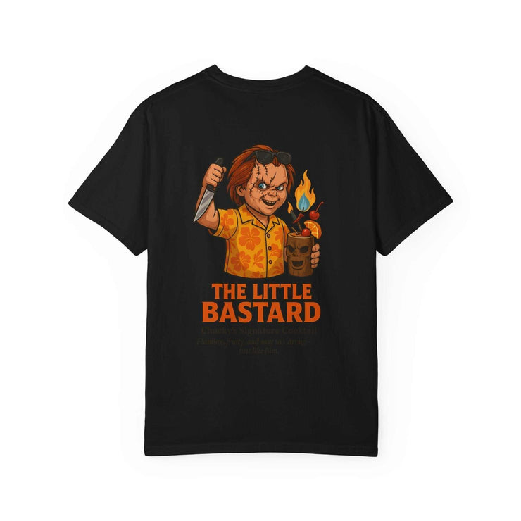 Black unisex T-shirt featuring a graphic of Chucky holding a knife and a flaming cocktail with text "The Little Bastard" on the back.
