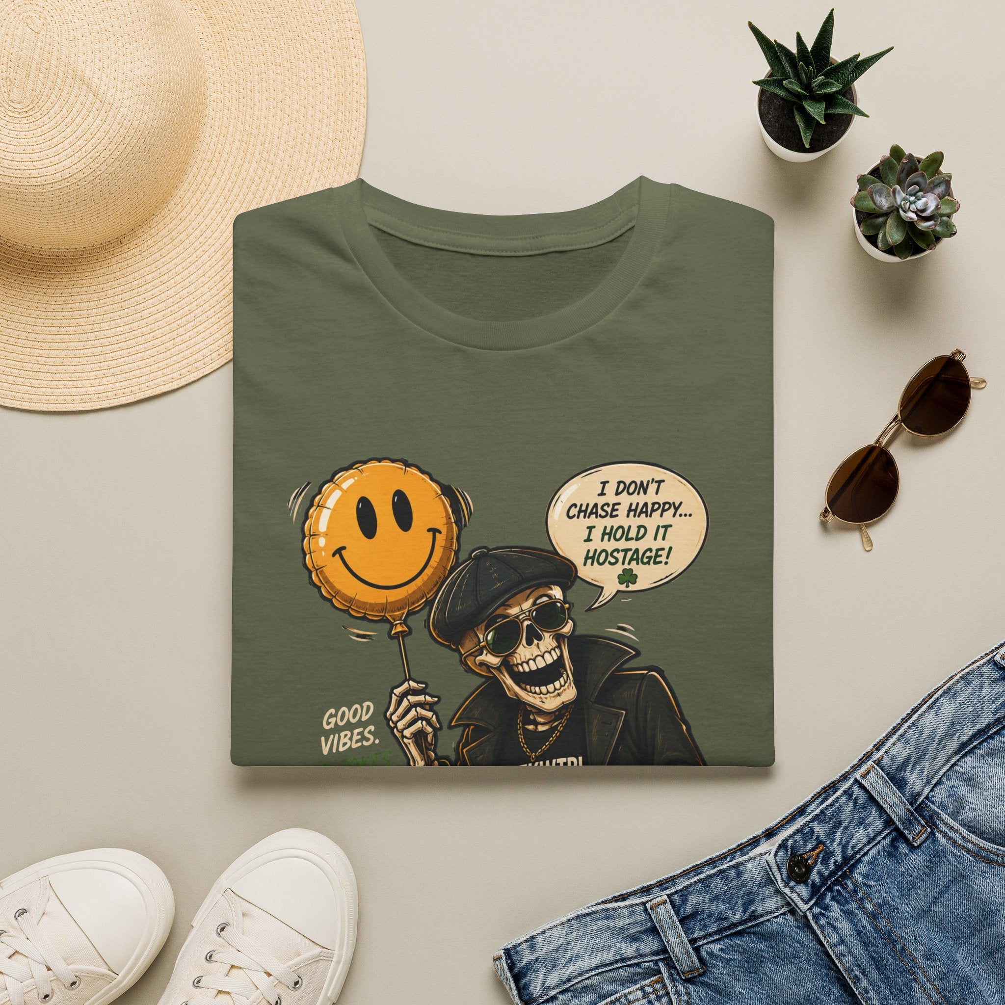 Skull with Smiley Balloon T-Shirt — “I Don’t Chase Happy… I Hold It Hostage” Graphic Tee