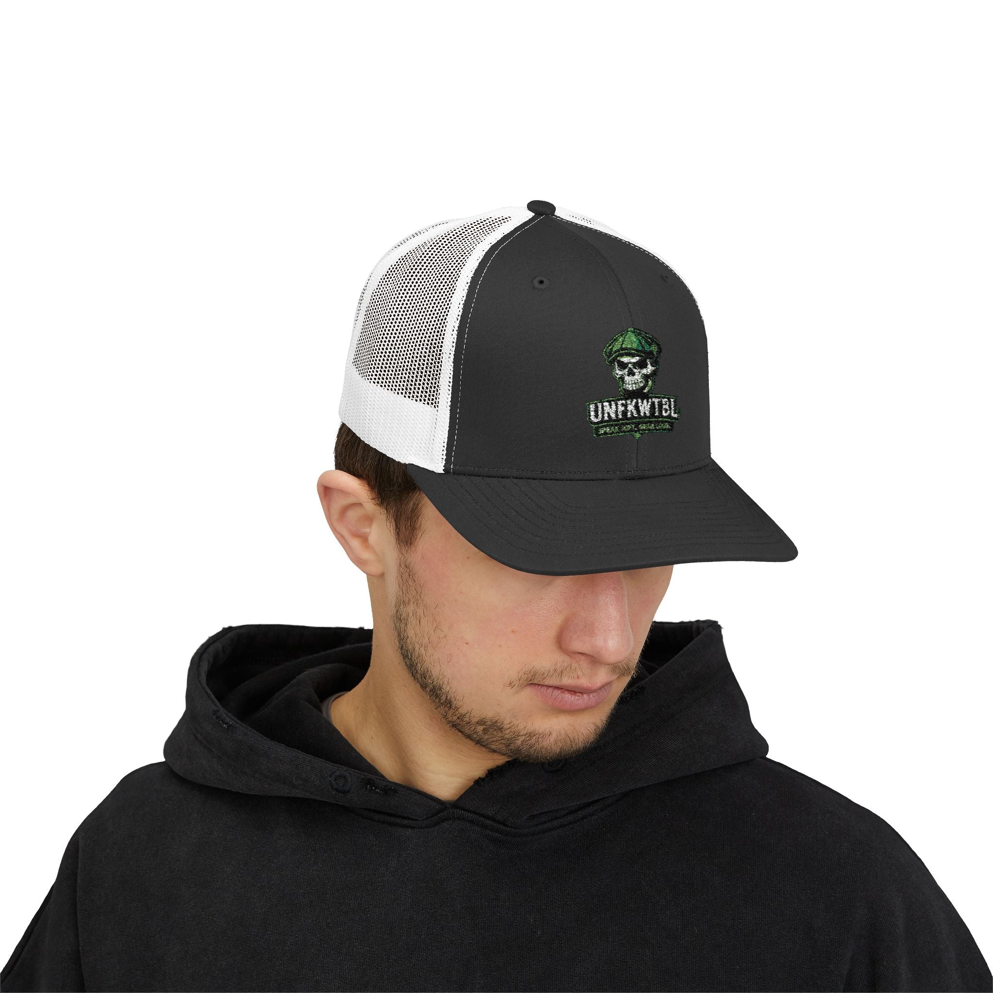 Snapback Trucker Cap — Green Camo Skull "UNFWTB1L" Embroidered Military Patch