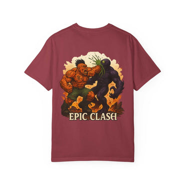 Fantasy Battle unisex garment-dyed t-shirt featuring epic Clash Cindermaw vs Xarvok design