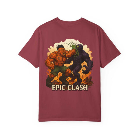 Fantasy Battle Unisex Garment-Dyed T-shirt with Epic Clash Cindermaw vs Xarvok design in maroon color