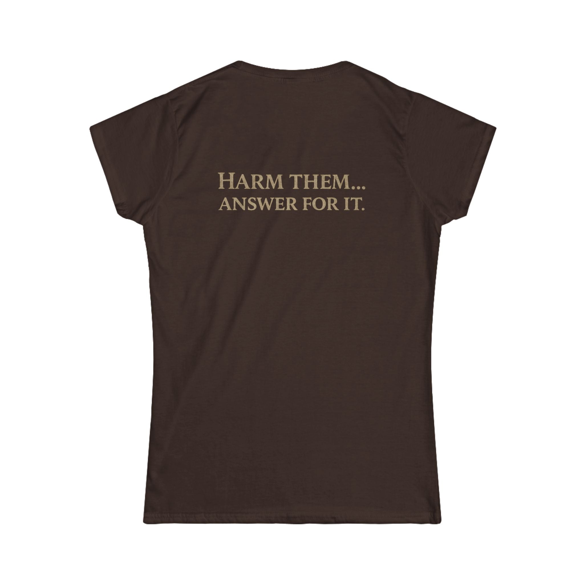 Protect the Innocent Skull Tee — “Harm Them… Answer For It.” Graphic Women’s Shirt