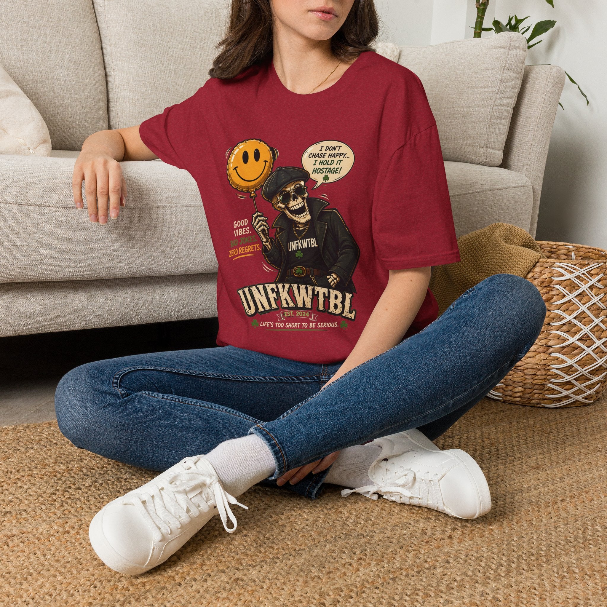 Skull with Smiley Balloon T-Shirt — “I Don’t Chase Happy… I Hold It Hostage” Graphic Tee