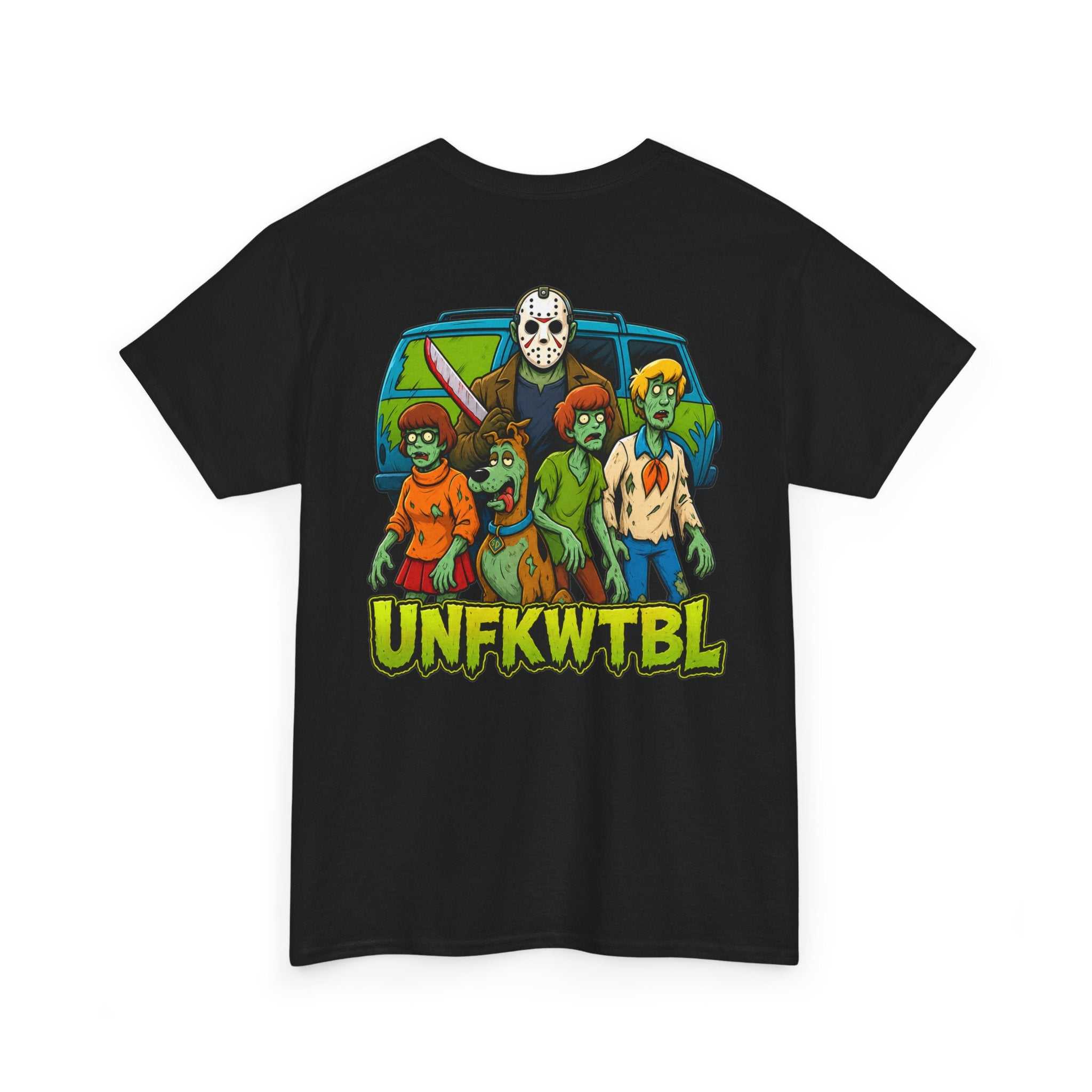 Black T-shirt featuring Jason Voorhees hanging out with Mystery Crew design, made of 100% US cotton.