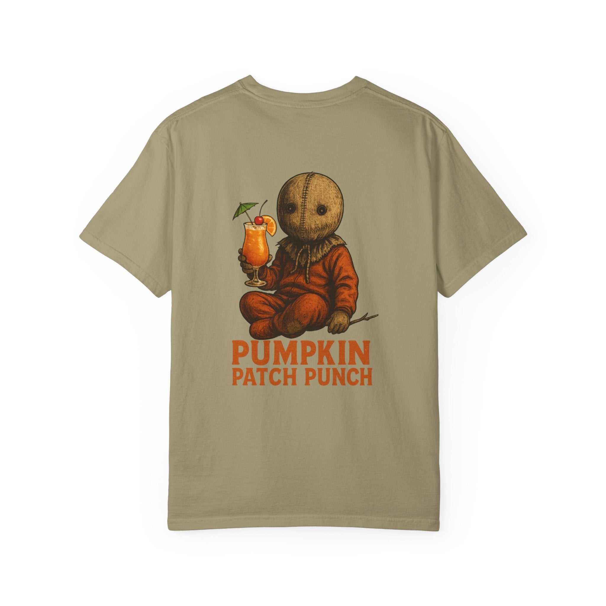 Unisex spooky pumpkin punch graphic T-shirt in beige with vintage Halloween design and fall festival theme