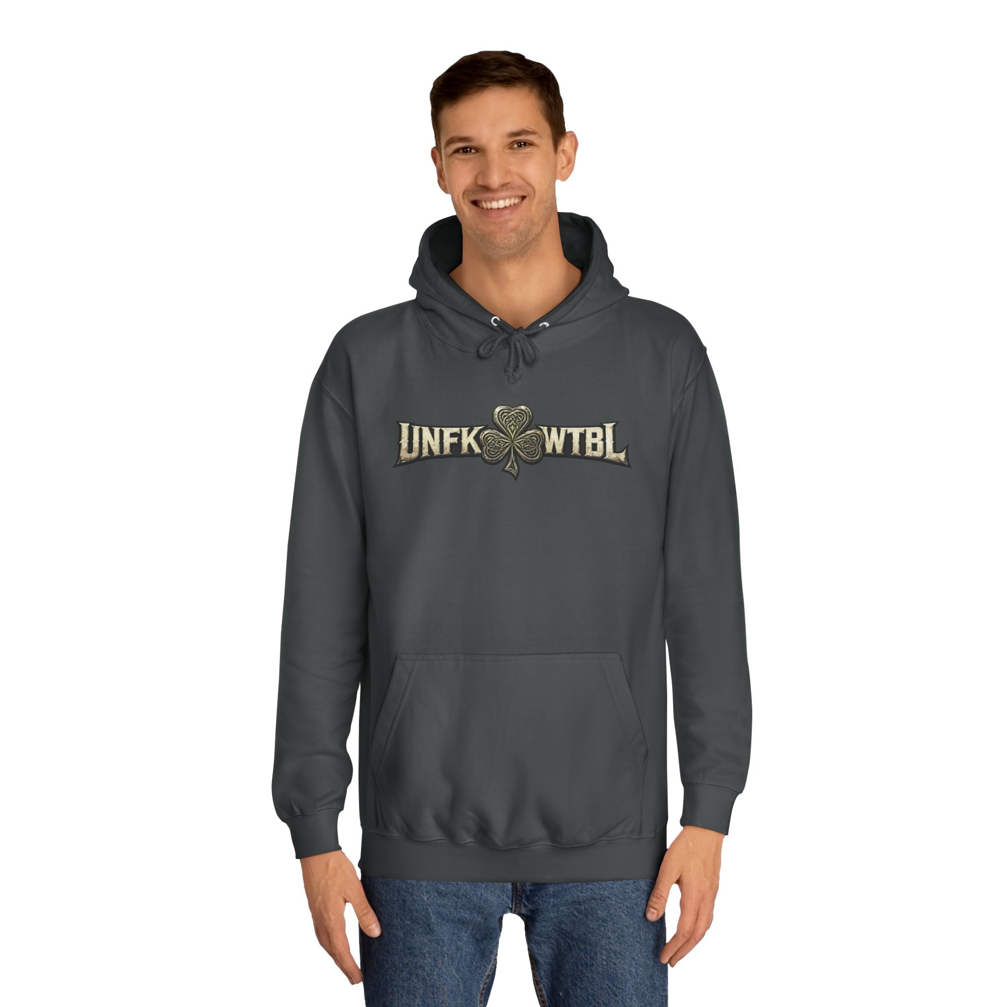 College Hoodie — 'UNFK WTB L' Vintage Shamrock Graphic